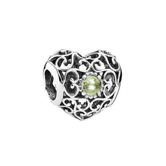 Pandora August Signature Heart Charm Green Peridot Gem Sterling Silver ALE - Picture 1 of 7